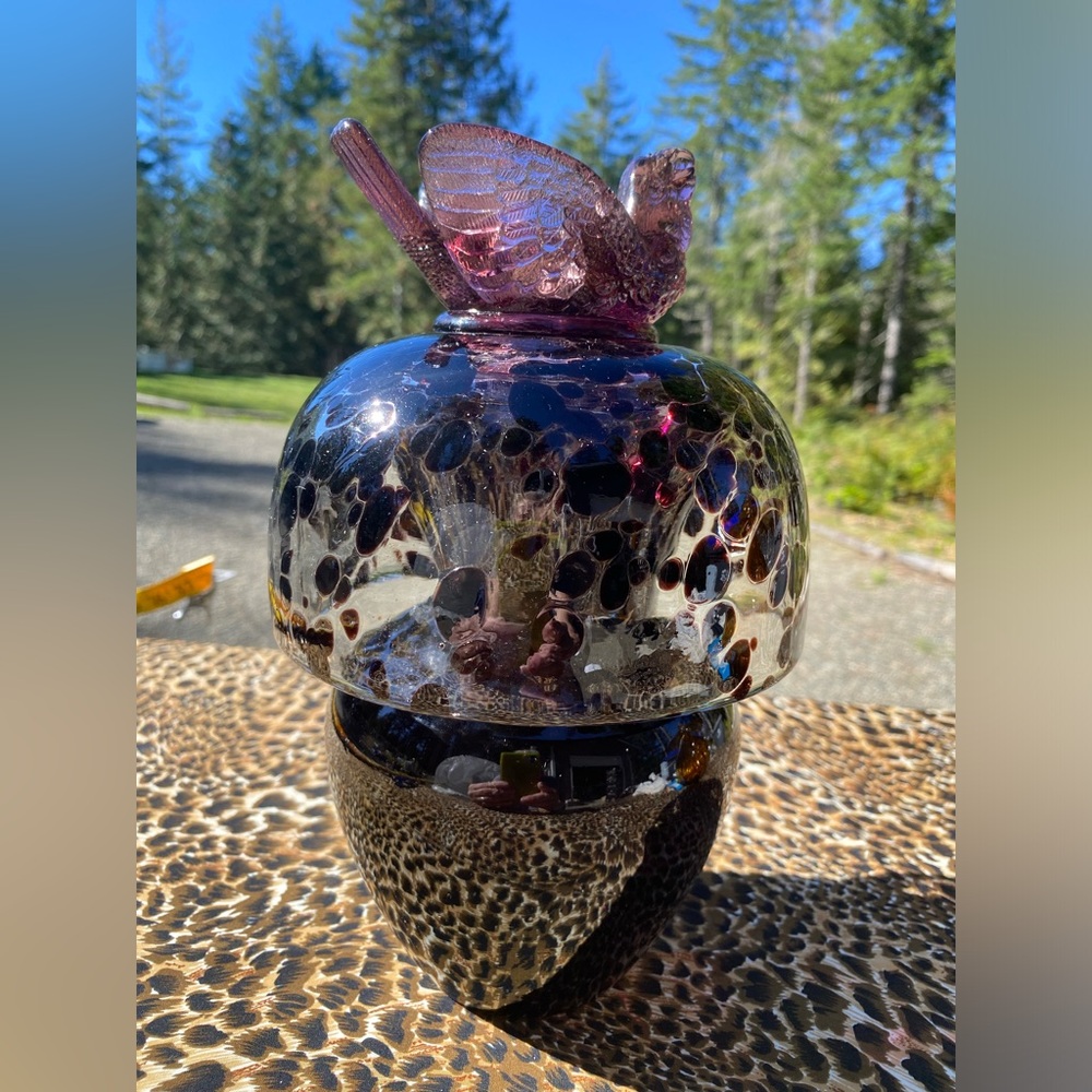 Vintage Purple Glass Mushroom Art with Bird (handmade)